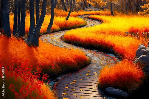 winding duckboards path in forest through autumn bright orange grass, created with generative ai photo