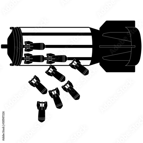 cluster munition, cluster bomb, submunition bomb a form of air dropped or ground-launched explosive weapon detailed realistic silhouette. Model RBK-500-255-PTAB-10-5, -AMC48024-1-РБК-500-255-2 photo