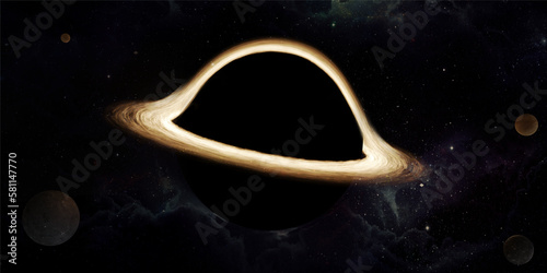 Black holes hawking radiation gravitational fields quasars warped spacetime gravity event horizons Cosmic background in space 3D illustration