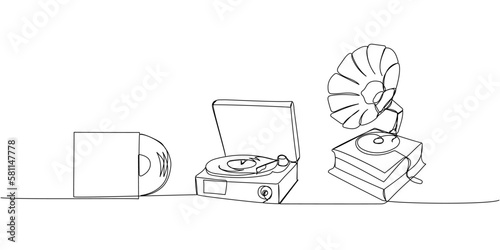 Vinyl Record Player Turntable with Gramophone and Vinyl audio record set one line art. Continuous line drawing of melody, electronic, vintage, dj, phonograph, antique, disco, audio