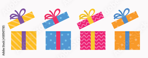 Set of surprise opened gift boxes with ribbon. Vector Illustration of isolated open gift boxes with ribbon