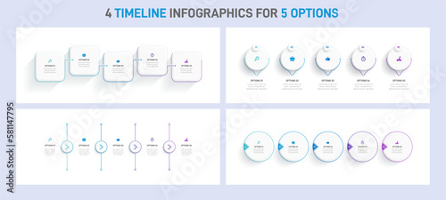 Timeline infographic set with infochart. Modern presentation template with 5 spets for business process collection. Website template on white background for concept modern design. Horizontal layout.