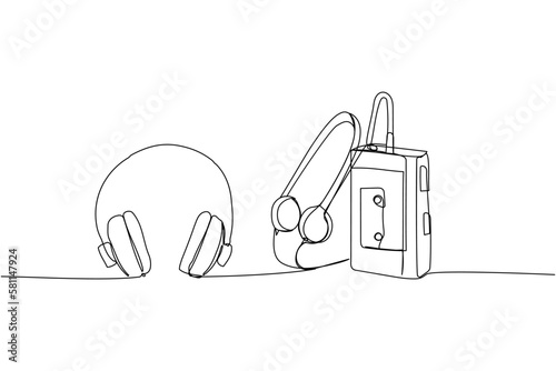 Portable cassette player, tape recorder with headphones set one line art. Continuous line drawing of tape, retro, cassette, vintage, radio, audio, player, stereo, sound, boombox, 80s, disco, 90s