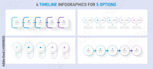 Timeline infographic set with infochart. Modern presentation template with 5 spets for business process collection. Website template on white background for concept modern design. Horizontal layout.