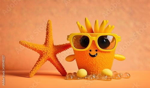  a starfish with sunglasses and a starfish in front of a starfish shell on a pink background with a starfish in the foreground and a starfish in the foreground. generative ai