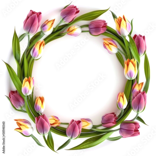 Round frame made of tulips. AI generative.