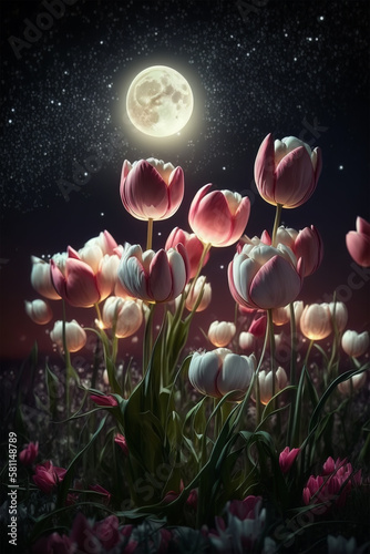 Beautiful pink tulips at full moon photo