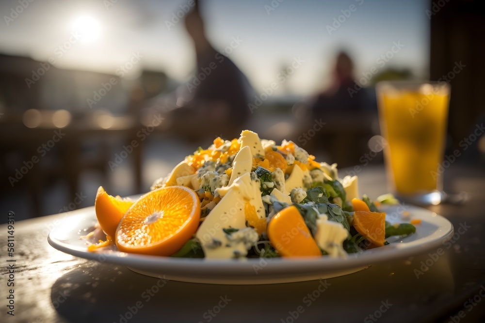 A plate of food with a sunset in the background made with generative AI A plate of food with a sunset in the background made with generative AI