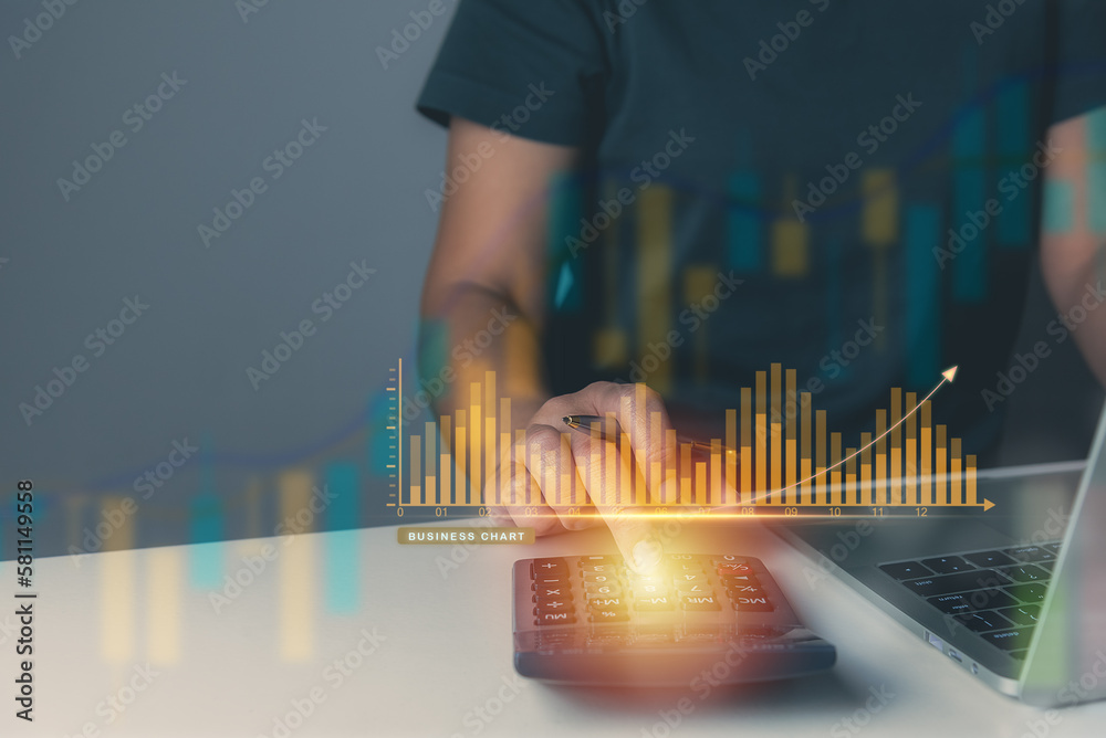 Businessman touching calculator with virtual screen online banking concept, business global internet connection application technology and digital marketing, financial, fintech, money transaction. Businessman touching calculator with virtual screen online banking concept, business global internet connection application technology and digital marketing, financial, fintech, money transaction.