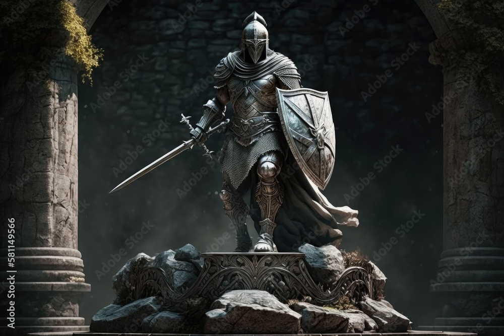 medieval guardian warrior with helmet and sword stands on stone ...
