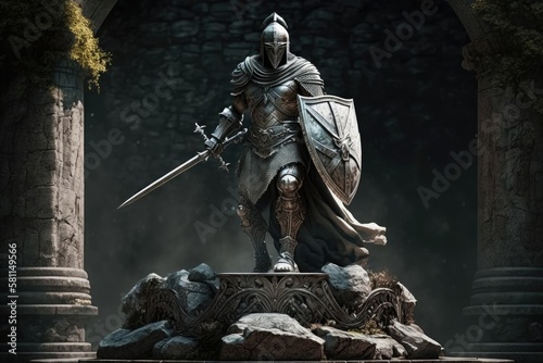 Slika na platnu medieval guardian warrior with helmet and sword stands on stone platform, create