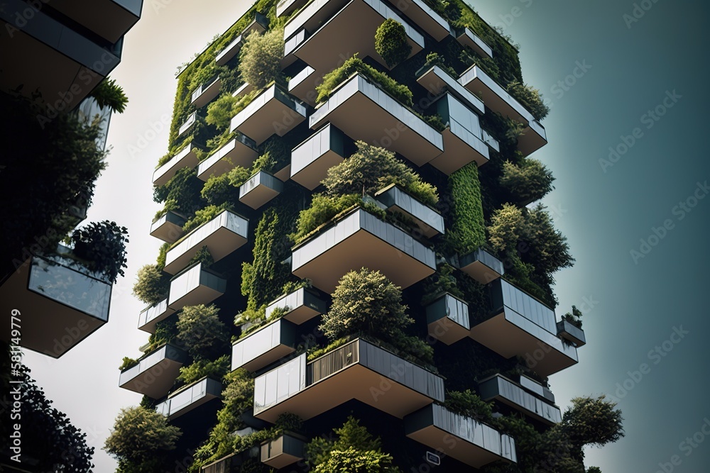 Green futuristic skyscraper Bosco, Generative AI.