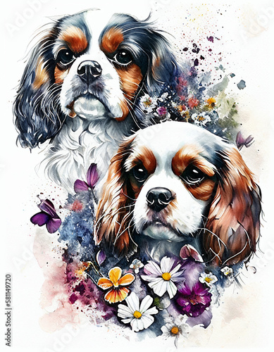 water color of cavalier king charles spaniel dogs in flowers