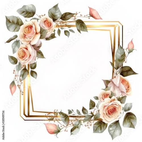 Watercolor square frame of roses on a white background. AI generative.