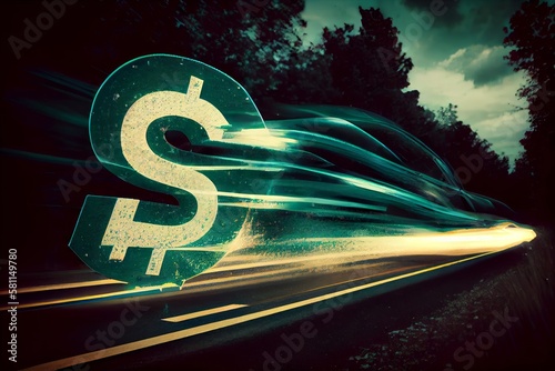Dollar sign on the road at night. Concept of money transfer. Generative AI