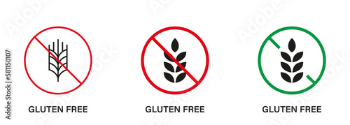 Gluten Free Silhouette Icon Set. No Gluten Food. Allergic on Wheat Sign Collection. Allergy Wheat Forbidden Symbol. Gluten Nutrition Ban Logo. Organic Grain. Isolated Vector Illustration