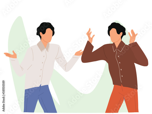 irritation and quarrelling two person with frustration and angry person quarrelling with each other for irritation. Blaming and scrapping others using hands. Two persons are in a conflict resolution