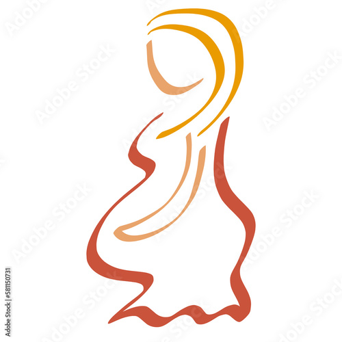 young pregnant woman with blond hair and a big belly, in a dress, contour on a white background