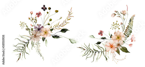 Watercolor Midsummer bouquets collection with hand painted delicate leaves, flowers. Romantic floral arrangements perfect for wedding greeting cards, invitation. High quality illustration