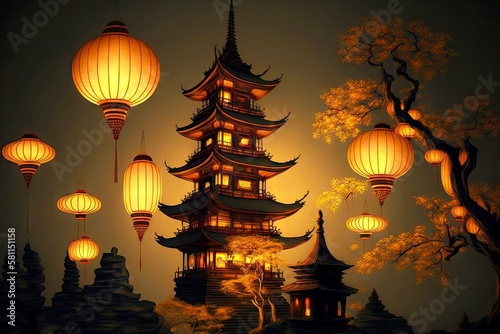 beaful pagoda and balls and floating asian lanterns over it, created with generative ai photo