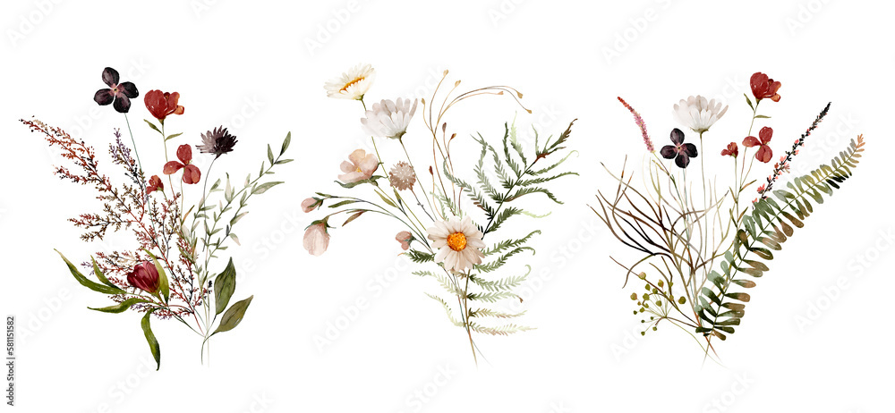 Watercolor Midsummer bouquets collection with hand painted delicate leaves, flowers. Romantic floral arrangements perfect for wedding greeting cards, invitation. High quality illustration