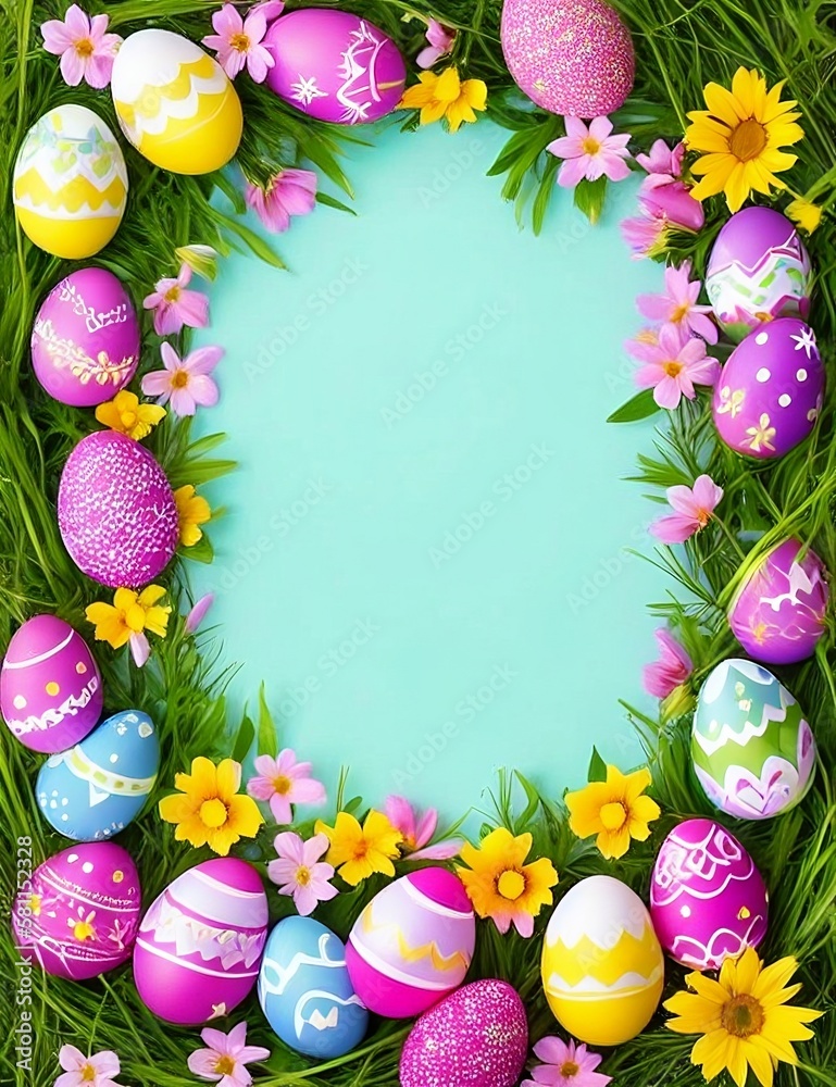 easter eggs and flowers border with blue background generated IA