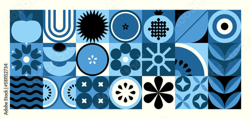 Geometric food pattern. Natural fruit plant flower simple shape, abstract eco agriculture concept. Vector minimal banner