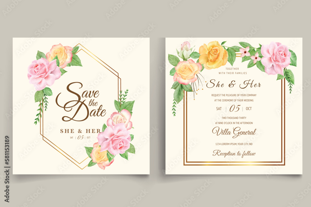 Free vector beautiful hand drawn roses wedding invitation card set