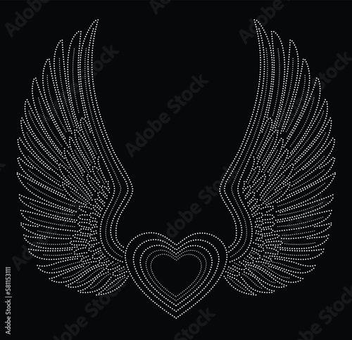 hot-fix transfer, rhinestone  with heart and wings design applique for apparel