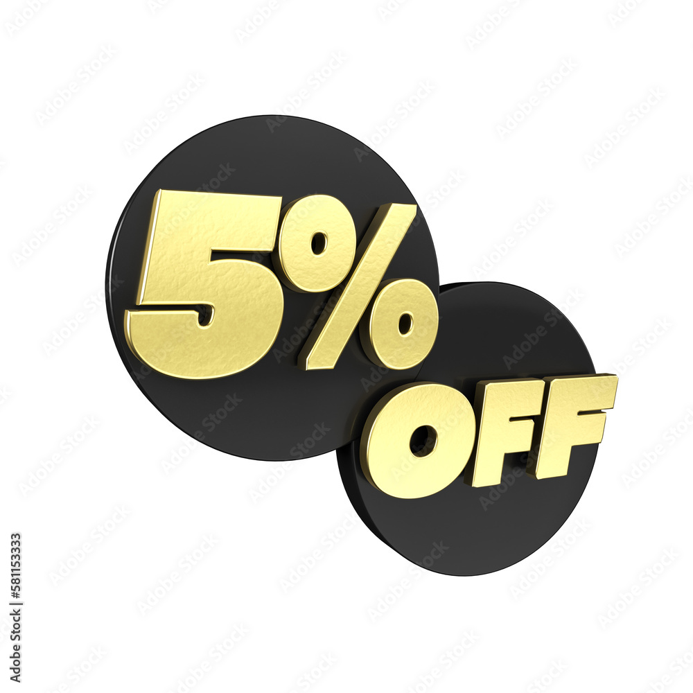 Gold 5% Off Text with Black circles Background for Sale Promotions. 3d render illustration. Gold 5% Off Text with Black circles Background for Sale Promotions. 3d render illustration.