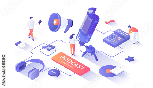 Start Your Podcast. Audio recording, live streaming, broadcast. Podcasting equipment and APP - studio microphone on a stand, headphones, mixer. Isometry illustration with people scene for web graphic.
