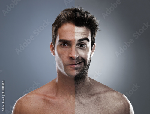 Before and after. A young man with half his face shaved and the other half unshaved.