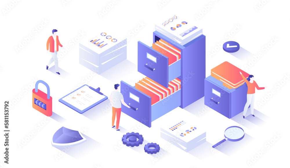 File organization service. Document archiving concept. Organized data storage system. Drawers with folders and documents. Isometry illustration with people scene for web graphic. File organization service. Document archiving concept. Organized data storage system. Drawers with folders and documents. Isometry illustration with people scene for web graphic.