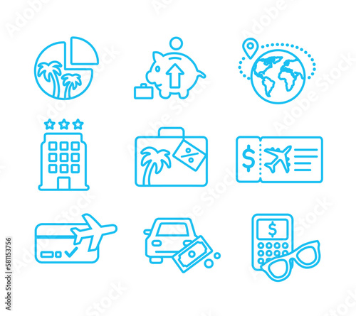 Travel budget icons. Vacation money expenses - Line icon vector set with editable stroke