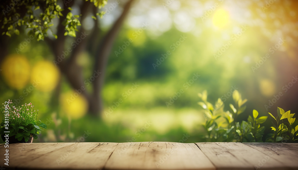 Easter themed background. Lush surroundings, blossoms and a wooden table with space for products and copy. Defocused bokeh lights. Created with Generative AI.
