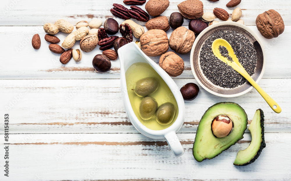 Selection food sources of omega 3 and unsaturated fats. Superfood high