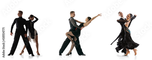 Collage. Stylish beautiful young people, men and women in black outfits dancing, performing tango and ballroom dance isolated over white background. Concept of art, movements, retro fashion, culture