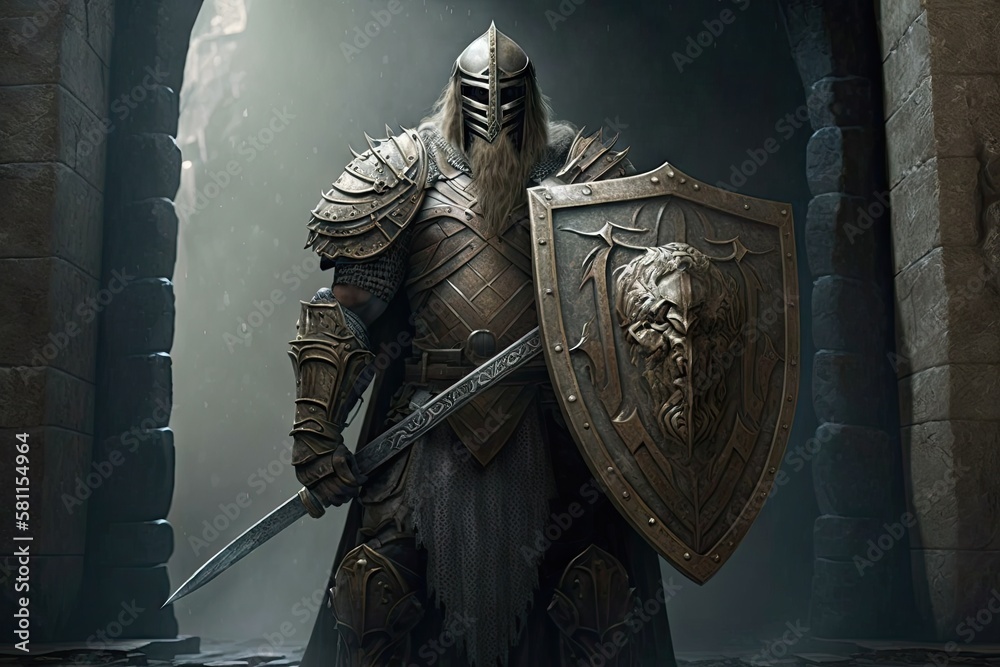 stone warrior in armor with huge sword and shield guardian warrior ...