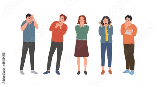 Different young  women and men in full height experiences fear, fright, stress. Flat style cartoon vector illustration.