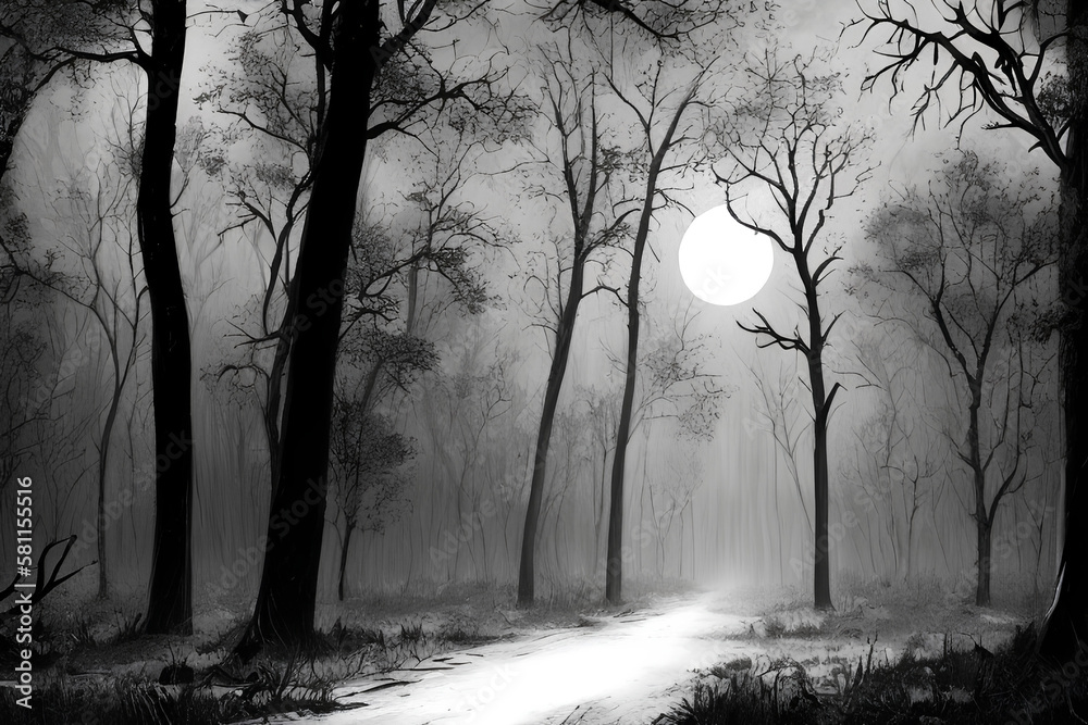 dark forest with a full moon in the background, concept art, conceptual art, halloween wallpaper with ghosts, photo-realistic unreal engine, blueish moonlight, Generative AI dark forest with a full moon in the background, concept art, conceptual art, halloween wallpaper with ghosts, photo-realistic unreal engine, blueish moonlight, Generative AI