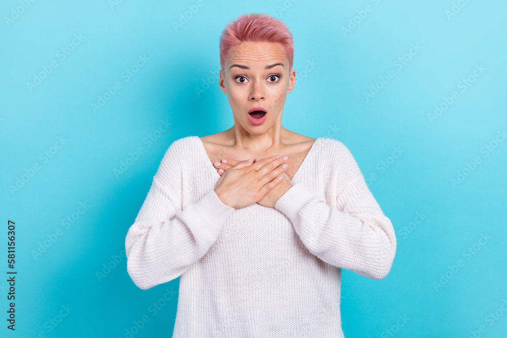 Photo of stressed depressed lady arms showing herself impressed choice bad news information isolated on blue color background - obrazy, fototapety, plakaty 