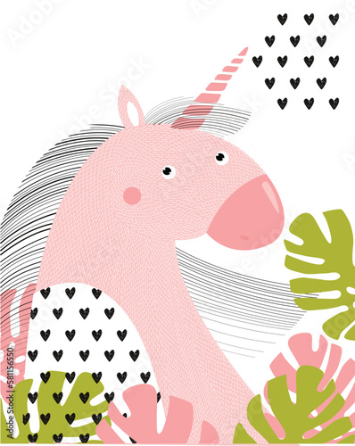 Poster with cute unicorn. Fairy animal. Dneor for girls. Cartoon character. Happy birthday. Postcard, poster, invitation, cover
