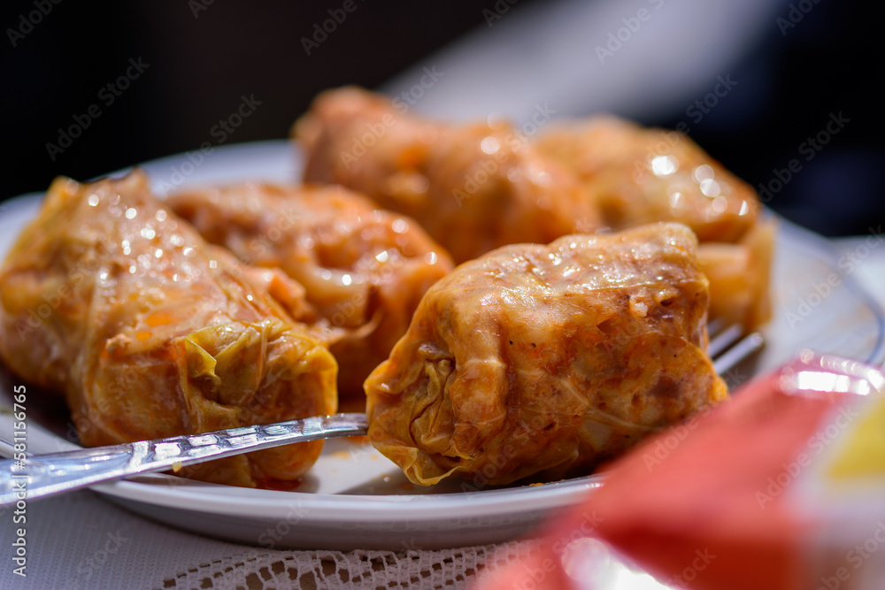 Close-up shot of cabbage rolls with beef, traditional Romanian food Close-up shot of cabbage rolls with beef, traditional Romanian food