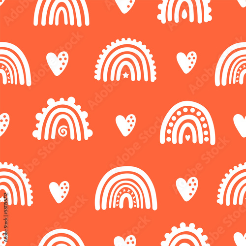 Orange seamless pattern with white rainbows and hearts