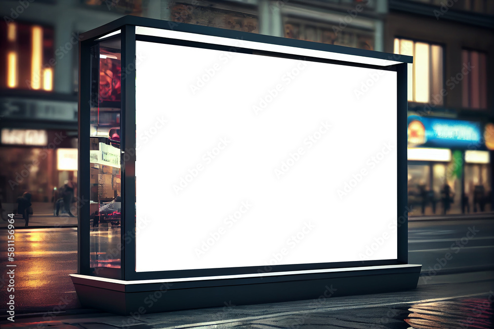Mock-up of blank billboard at store street showcase window in a city at night. Generative ai Mock-up of blank billboard at store street showcase window in a city at night. Generative ai