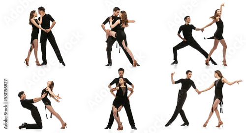 Collage. Stylish expressive young people in black stage costumes dancing, performing tango isolated over white background. Concept of art of movements, classical dance, retro fashion, culture