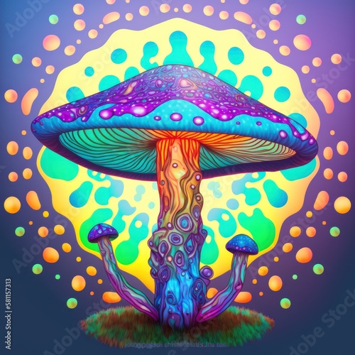 Trippy Mushrooms Neon Composition  A dawn lit field full of magical bioluminescence neon magic mushrooms ready for a psychedelic experience. Generative AI