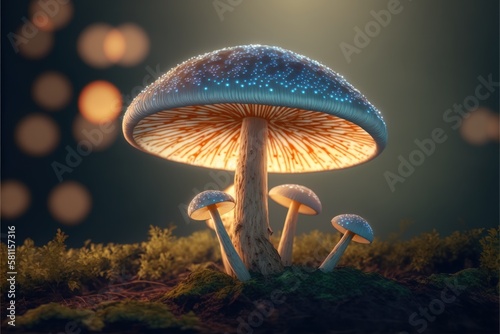 Trippy Mushrooms Neon Composition, A dawn lit field full of magical bioluminescence neon magic mushrooms ready for a psychedelic experience. Generative AI
