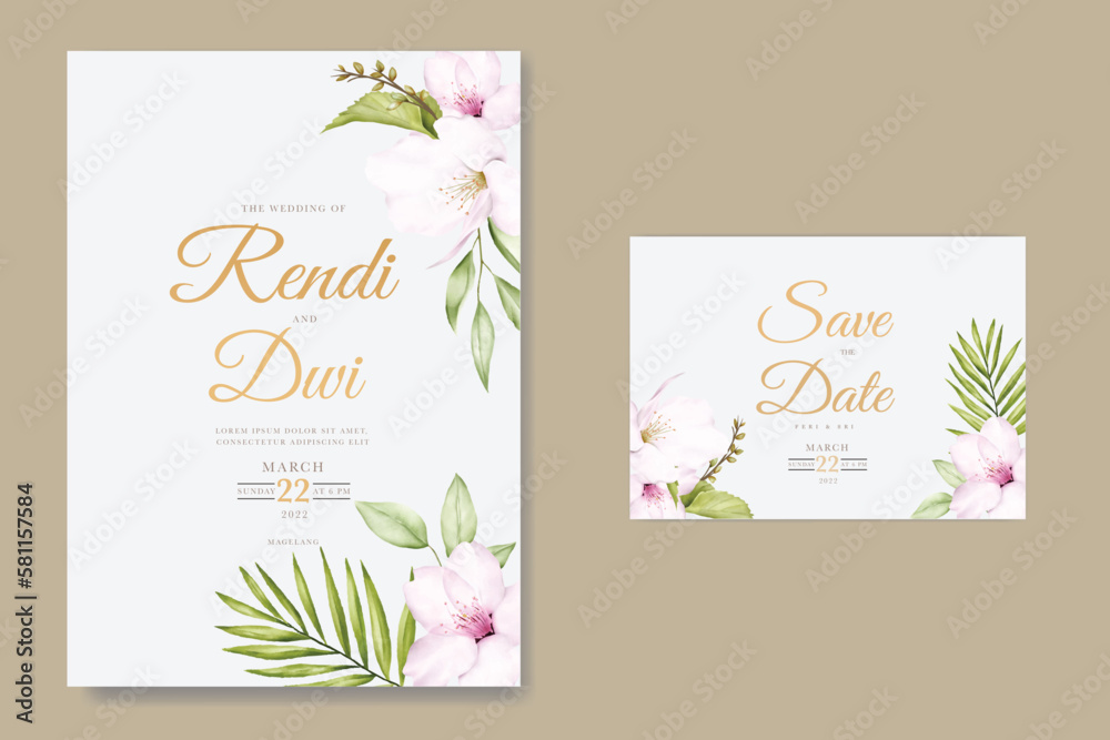 Free vector floral wedding invitation template set with elegant brown leaves