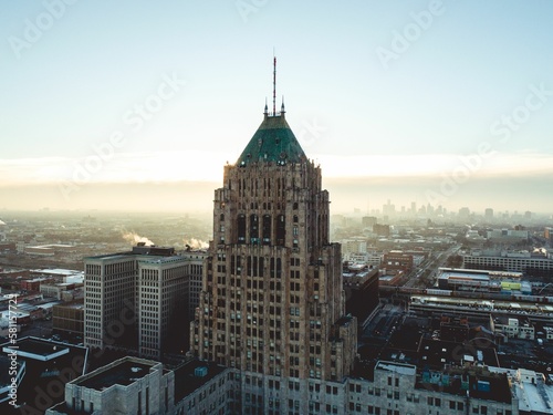 Aerial view of the Trump Building in the city of Detroit, USA
